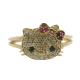 Solid 14kt Yellow Gold CZ and Lab Ruby Hello Kitty Head Cluster Ring Size 7