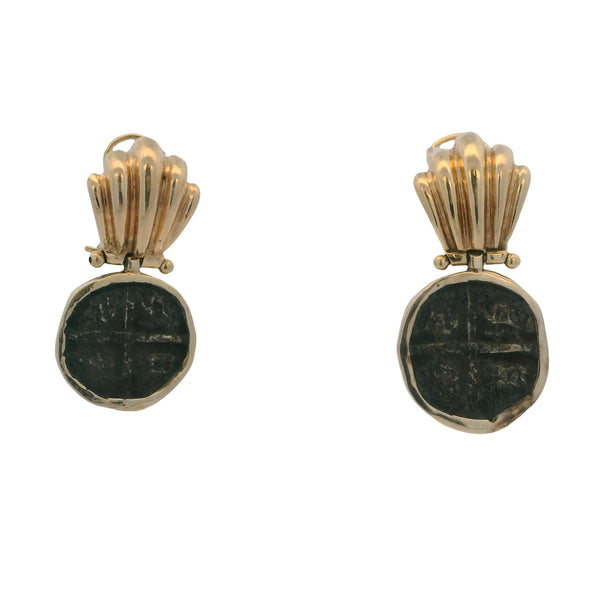 1980s Solid 14kt Yellow Gold Bezel-Set Atocha Shipwreck Coin Omega-Back Drop/Dangle Earrings