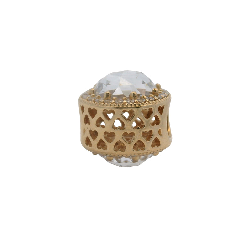 Charm espaciador Pandora de oro amarillo macizo de 14 kt con corazones radiantes y circonita cúbica