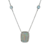 Solid 14kt White Gold Station Opal Necklace with Diamond Halo and 6 Aquamarine Stations 20"