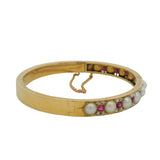 Antique Victorian Solid 18kt Yellow Gold Hinged 6.5" Bangle with Pearls, Rubies, and Diamonds