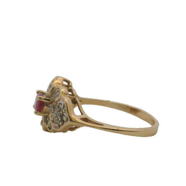 Vintage 14kt Yellow Gold Ruby Cocktail Ring with Cluster Diamond Accents Size 6