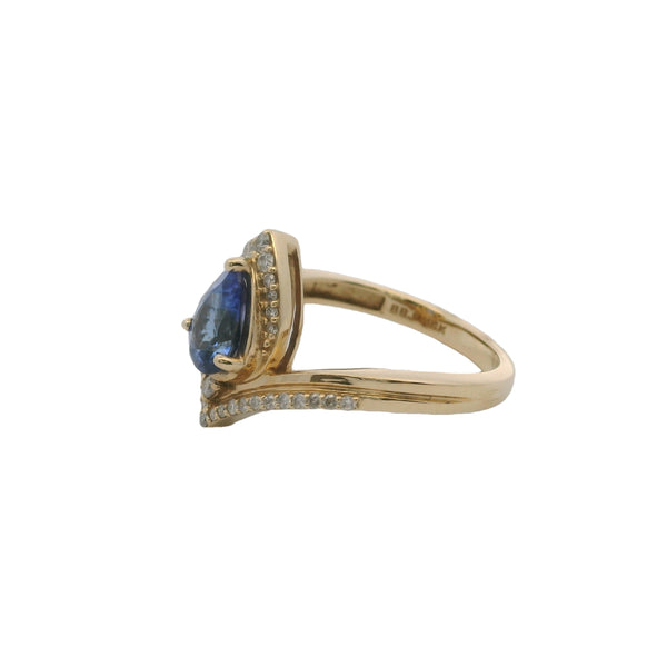 Solid 14kt Yellow Gold and Pear-Cut Tanzanite Chevron Solitaire Ring with Diamond Halo Size 8