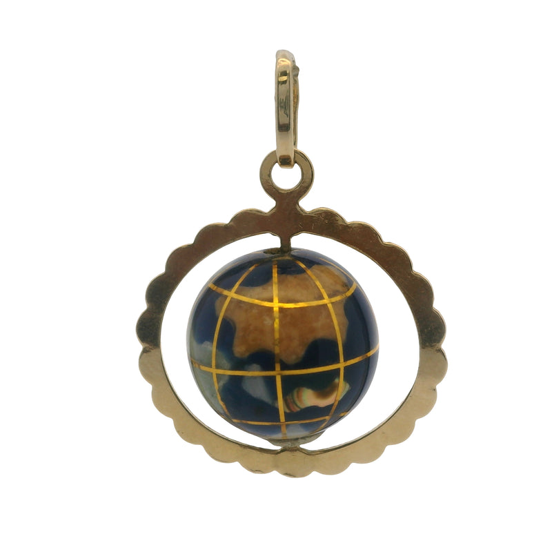Italian 14kt Yellow Gold and Colored Enamel Moving World Globe Travel Pendant