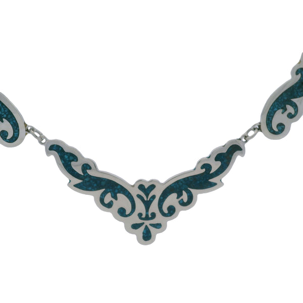 Vintage Taxco Mexico Unique Scroll Pattern Collar Necklace with Crushed Turquoise Inlay 16"