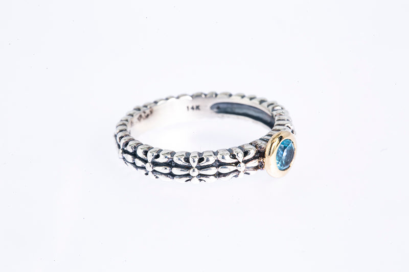 T&C Aquamarine Byzantine Carved Band 925 Silver & 14K Yellow Gold Ring Sz 7 1/4