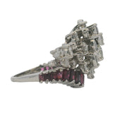 Vintage Mid Century Solid 950 Platinum Large 3.26ctw Natural Diamond and Ruby Cluster Cocktail Ring Size 8