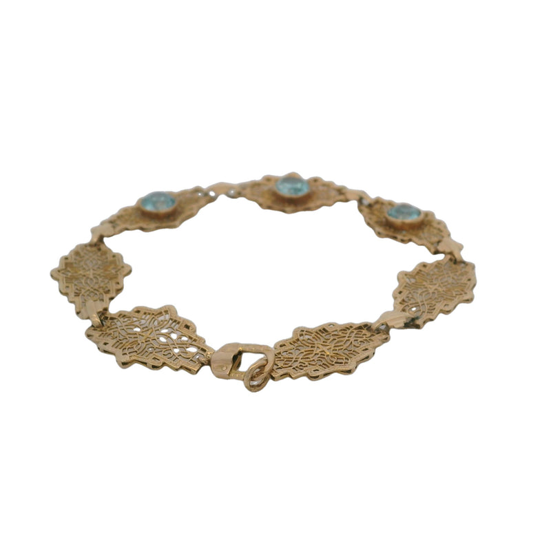 Late Art Deco 1930s 14kt Yellow Gold Filigree Openwork Geometric Link 7.4" Bracelet with 3 Natural Blue Zircons
