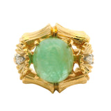 Vintage Solid 18kt Yellow Gold Prasiolite Cabochon and Diamond Bamboo Cocktail Ring Size 5.5