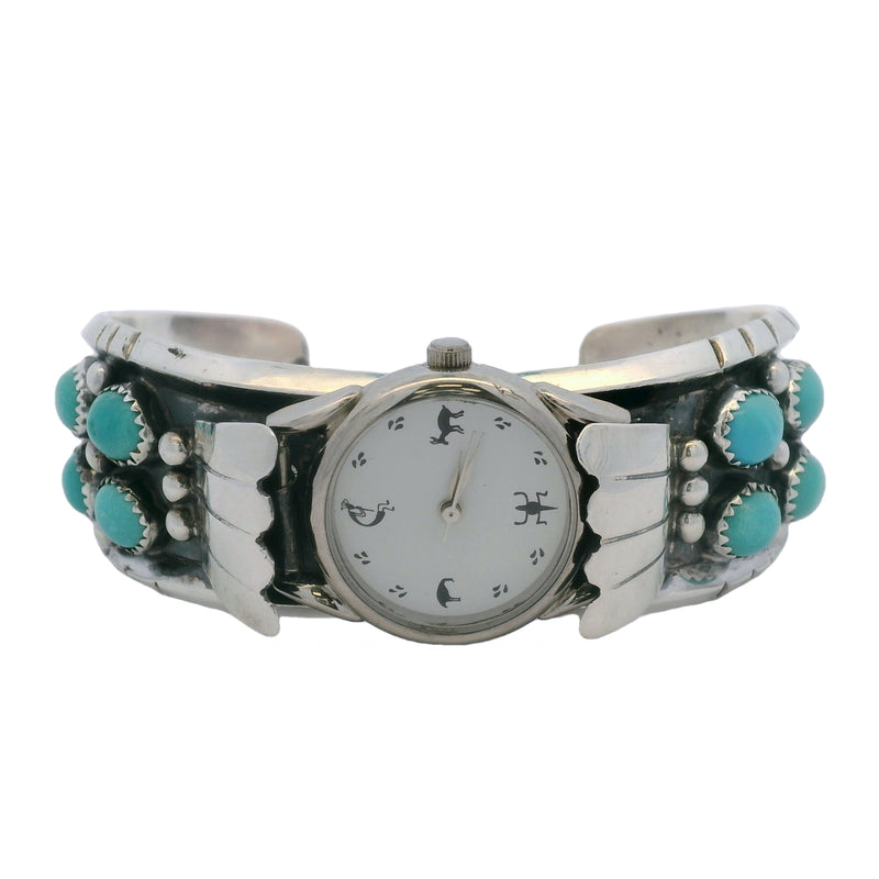 Rose Castillo Navajo 925 Sterling Silver and Cabochon Turquoise Cuff Watch Bracelet