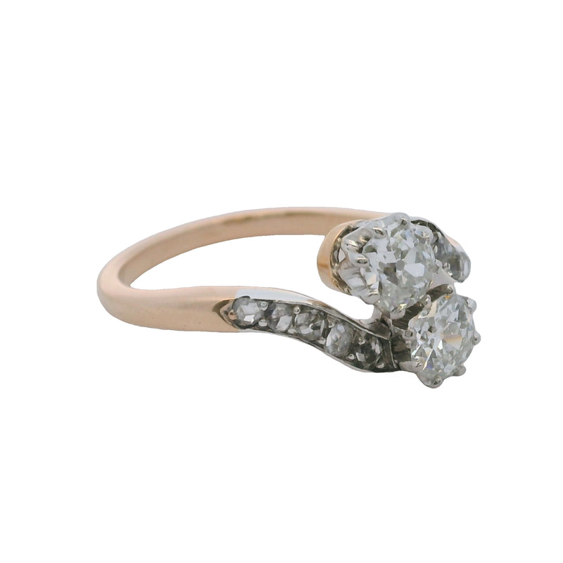 Victorian Late-1800s Old Euro and Old Mine Cut Diamond Bypass Ring in 14kt Gold Size 6.25