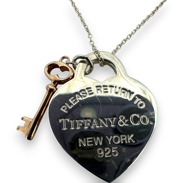 Tiffany & Co Return to Heart & Rubedo Rose Key Charm Pendant Necklace 925 Sterling Silver
