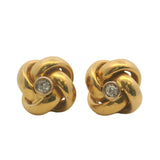 Vintage Solid 18kt Yellow Gold Italian Knot Stud Earrings Bezel Set Diamonds