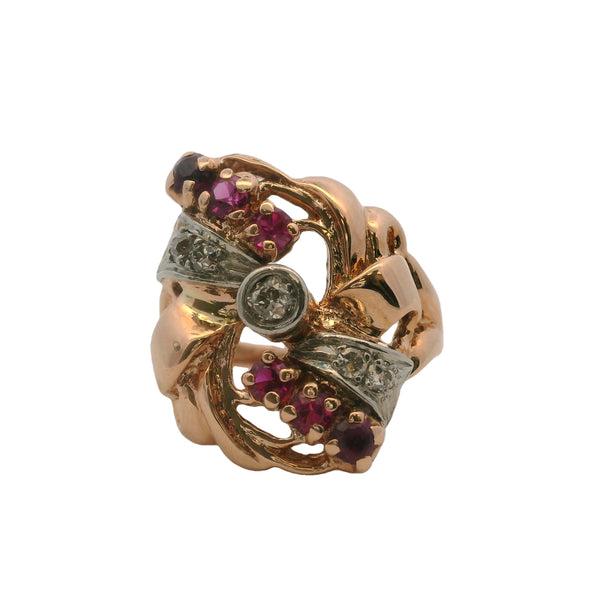 1930s Early Retro 14kt Rose Gold Ribbon Ring with Old Mine Diamonds and Lab Rubies Size 6.5