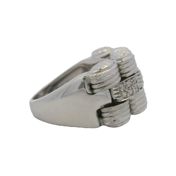Solid 14kt White Gold and Diamond 14mm Wide Woven Statement Fashion Ring Made in Italy