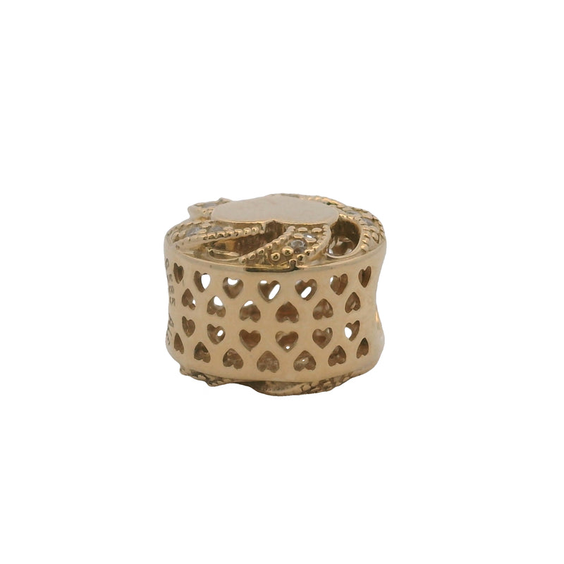 Charm deslizante con espaciador de corazón en forma de cinta de Pandora en oro amarillo sólido de 14 kt y circonitas cúbicas