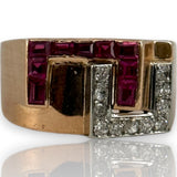Retro Era 1930s 14kt Rose Gold Interlocking Diamond and Lab Ruby Tank Ring