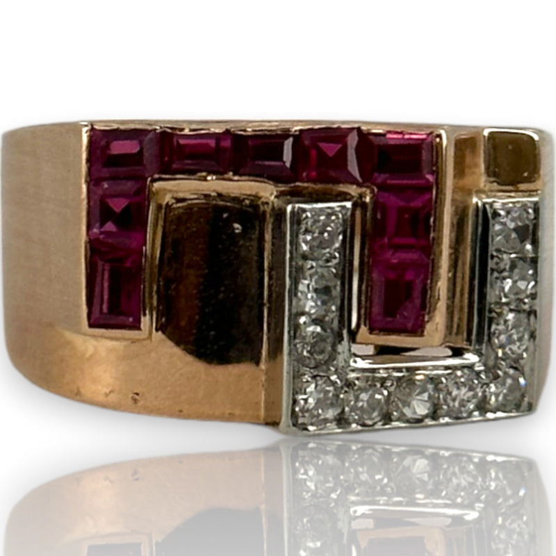 Retro Era 1930s 14kt Rose Gold Interlocking Diamond and Lab Ruby Tank Ring