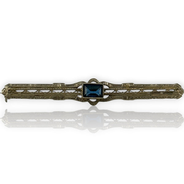 Antique 1910-20s 14kt White and Yellow Gold Bar Pin with Lab Sapphire