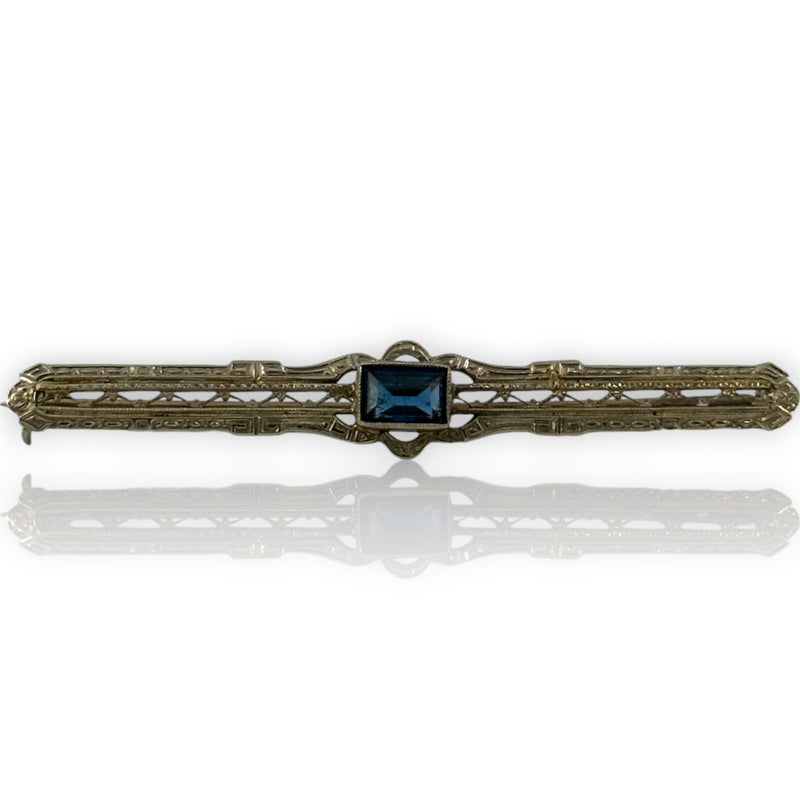 Antique 1910-20s 14kt White and Yellow Gold Bar Pin with Lab Sapphire