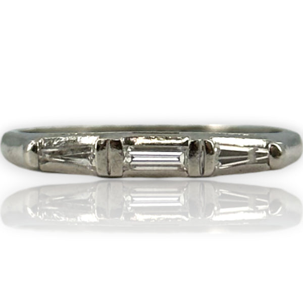 Antique Art Deco Solid 900 Platinum and Baguette Diamond Wedding Band Stackable Ring