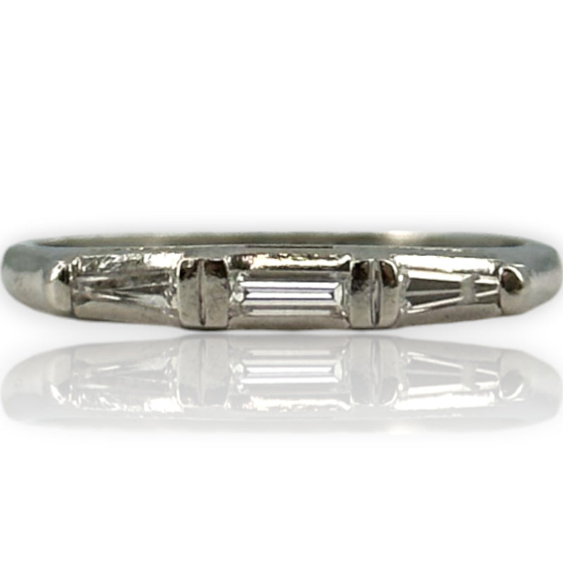Antique Art Deco Solid 900 Platinum and Baguette Diamond Wedding Band Stackable Ring