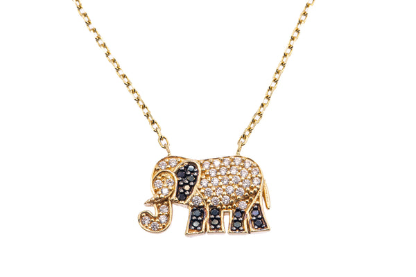 Cubic Zirconia Pave Lucky Elephant Pendant Anchor 14K 585 Yellow Gold Necklace