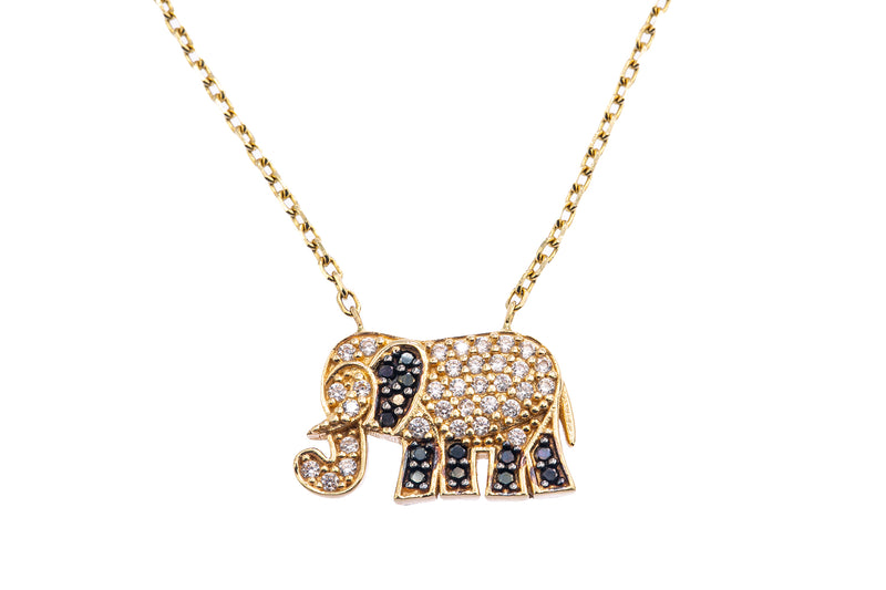 Cubic Zirconia Pave Lucky Elephant Pendant Anchor 14K 585 Yellow Gold Necklace