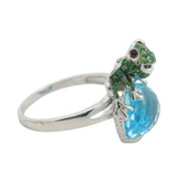 Solid 14kt White Gold, Blue Topaz, Ruby, and Green Sapphire Frog and Pond Cocktail Statement Ring Size 7