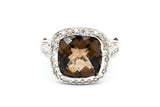 Solid 18kt White Gold and Checkerboard Cut Smokey Quartz Cocktail Ring with Full-Coverage Diamond Halo and Sides