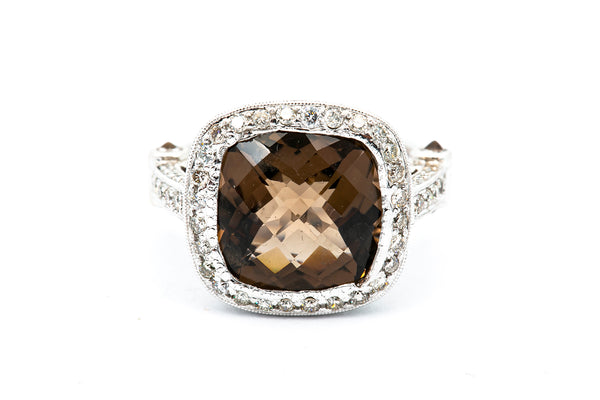 Solid 18kt White Gold and Checkerboard Cut Smokey Quartz Cocktail Ring with Full-Coverage Diamond Halo and Sides