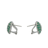 Solid 14kt White Gold Omega-Back Emerald and Diamond Checkerboard Pattern 15mm Earrings
