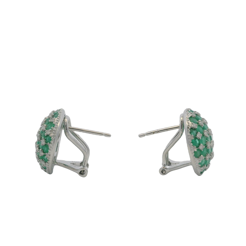 Solid 14kt White Gold Omega-Back Emerald and Diamond Checkerboard Pattern 15mm Earrings