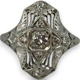 1920s 900 Platinum Art Deco Era Filigree 18mm Dinner Ring with 0.32ctw Diamonds and Milgrain Openwork Details Size 5.75