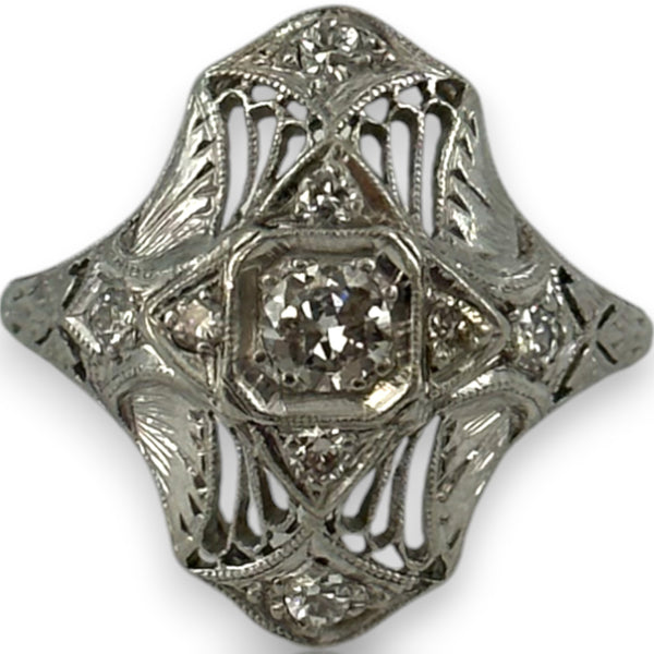 1920s 900 Platinum Art Deco Era Filigree 18mm Dinner Ring with 0.32ctw Diamonds and Milgrain Openwork Details Size 5.75