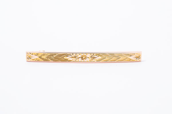 Art Nouveau Flower Motif Carved Estate Bar Lapel Pin 10K 417 Yellow & Rose Gold Brooch