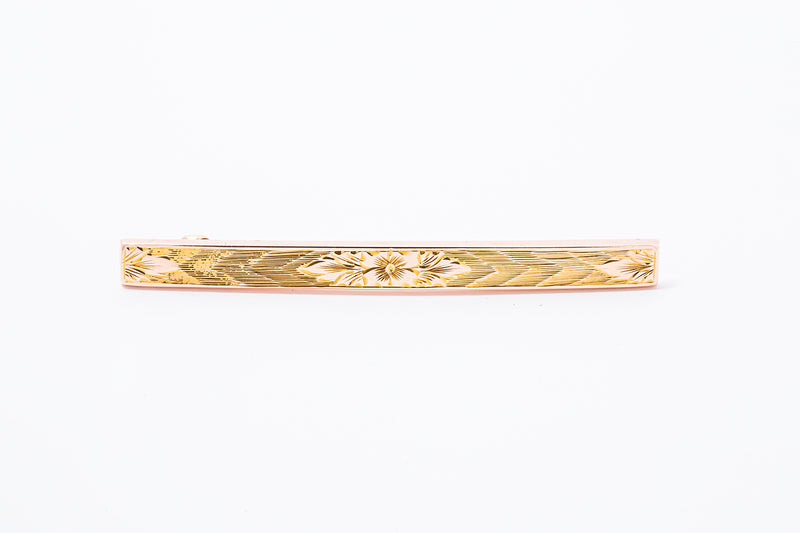 Art Nouveau Flower Motif Carved Estate Bar Lapel Pin 10K 417 Yellow & Rose Gold Brooch