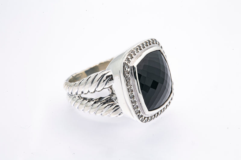 David Yurman 14mm Albion Onyx & Diamond Halo Band 925 Sterling Silver Ring Sz 7