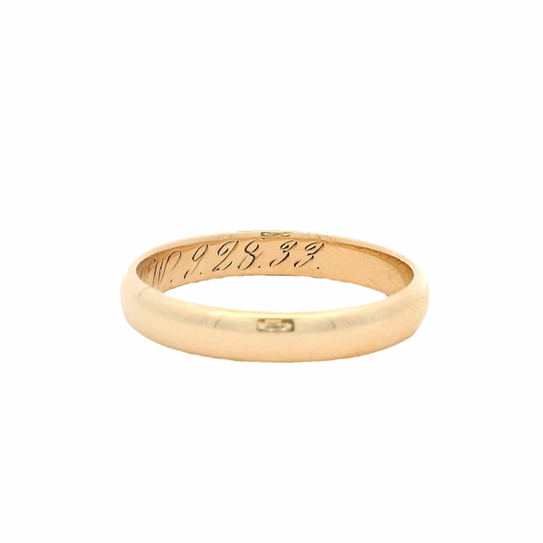 Antique 1933 Solid 14kt Yellow Gold 3.5mm Wide Band Ring with Interior Inscription "AE to KW 9-28-33" Size 8
