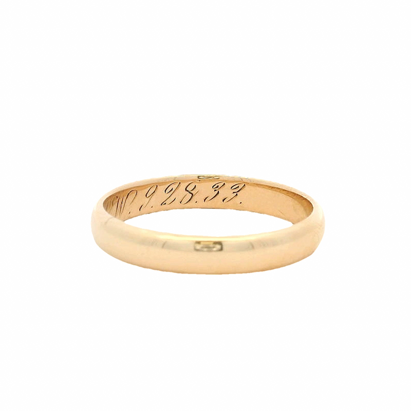 Antique 1933 Solid 14kt Yellow Gold 3.5mm Wide Band Ring with Interior Inscription "AE to KW 9-28-33" Size 8
