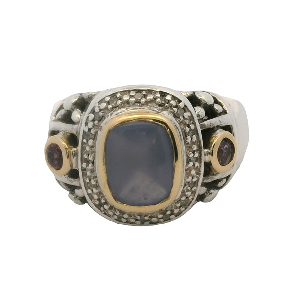 Anillo de cóctel de plata de ley 925 y oro amarillo de 18 kt con halo de calcedonia, rubí y diamantes, talla 8