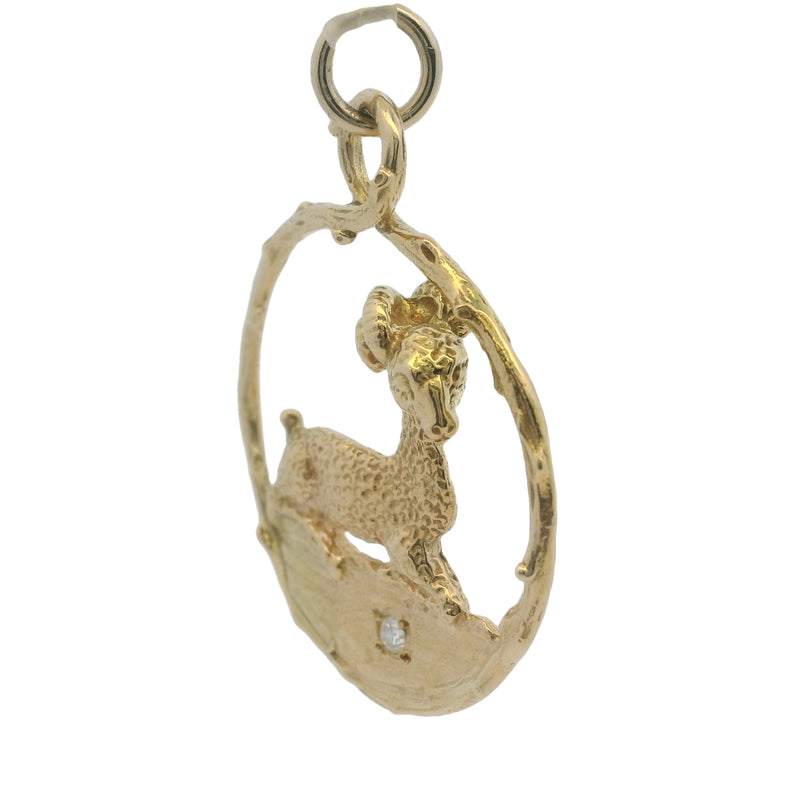 Vintage Merrin Solid 18kt Yellow Gold and Diamond Aries Zodiac Ram Astrology Pendant