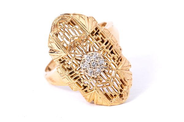 1970-80s Deco Revival Diamond Cluster Filigree Shield Band 14K 585 Yellow Gold Ring Size 6