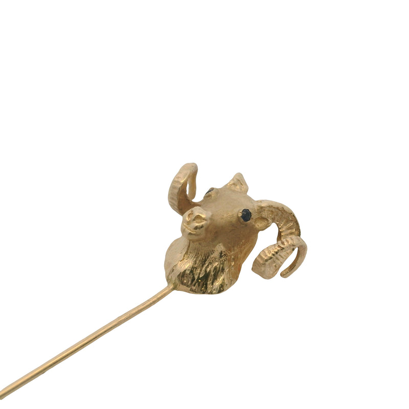 Antique Solid 14kt Yellow Gold Ram's Head Figural Stick Lapel Pin With Sapphire Eyes