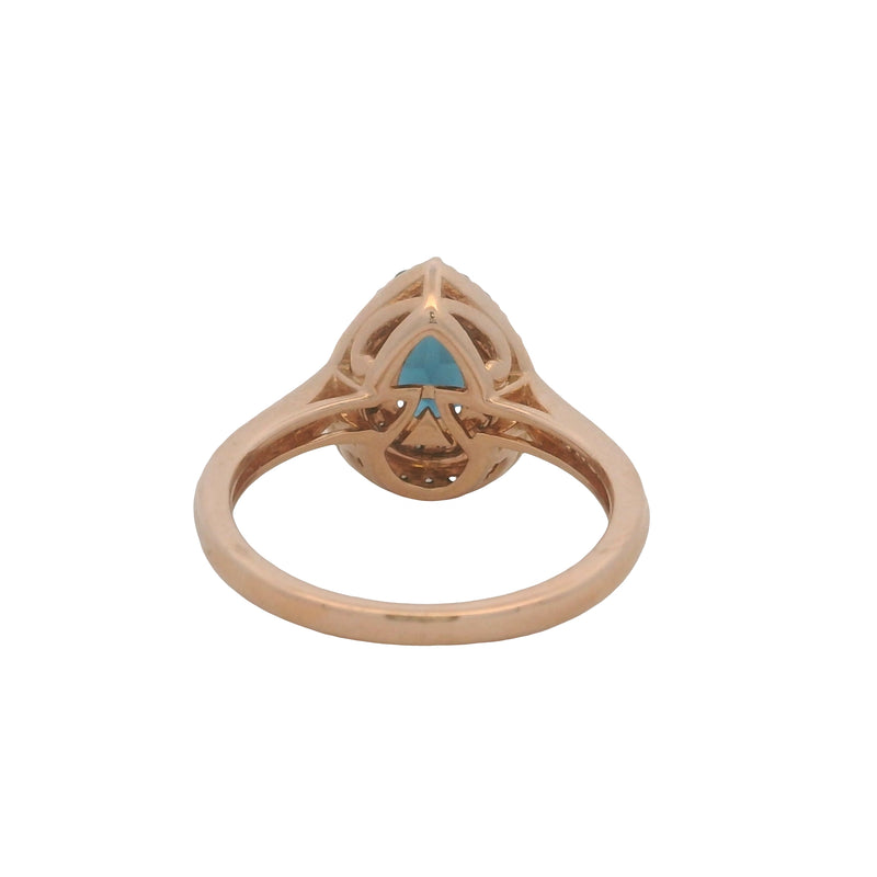 LeVian Solid 14kt Rose Gold Pear Cut Blue Topaz and Diamond Double Halo Ring Size 7