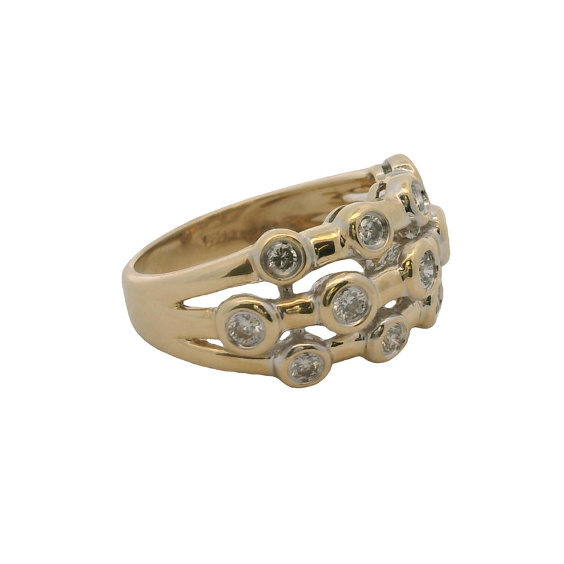 SBT Solid 14kt Yellow Gold and Bezel Set Diamond 3-Row Bubble Ring Size 7