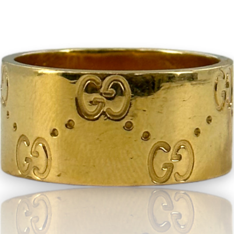GUCCI Signed Hallmarked Solid 18kt Gold Wide 8.8mm Cigar Band Logo Ring Size 6