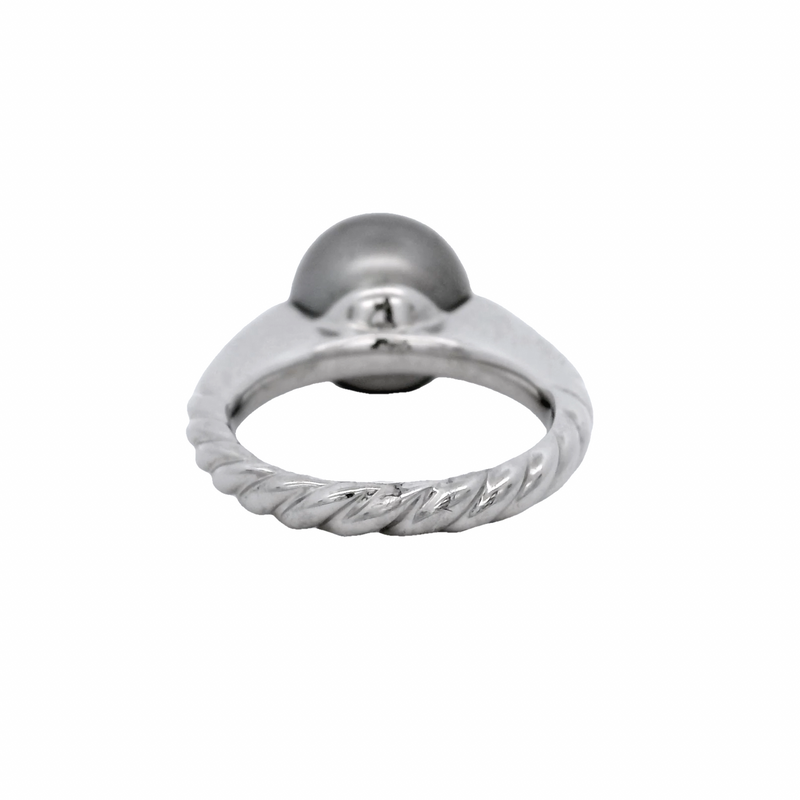David Yurman Retired Solid 18kt White Gold Tahitian Black Pearl Solitaire Ring with Twisted Rope Style Band Size 6