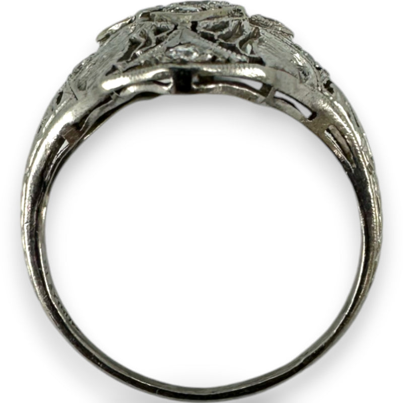 1920s 900 Platinum Art Deco Era Filigree 18mm Dinner Ring with 0.32ctw Diamonds and Milgrain Openwork Details Size 5.75