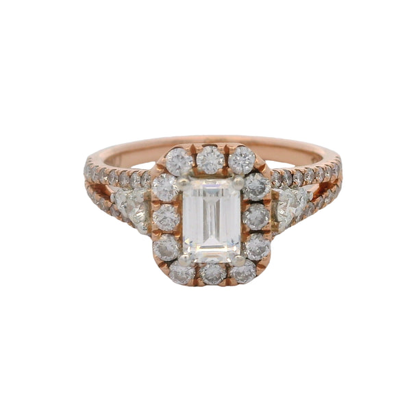 14kt Rose Gold and Emerald-Cut CZ Center Ring With Diamond Halo and Band Size 7